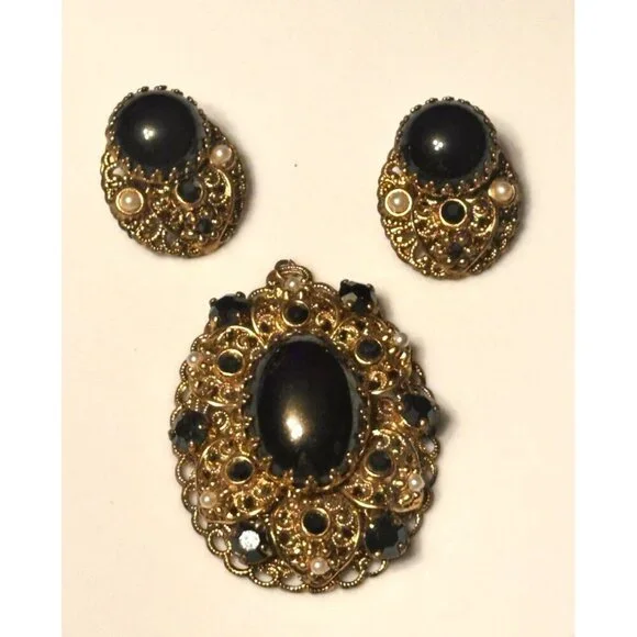 WEST GERMANY BLACK HEMATITE PEARL GOLD FILIGREE PENDANT & CLIP ON EARRINGS SET - Picture 7 of 12